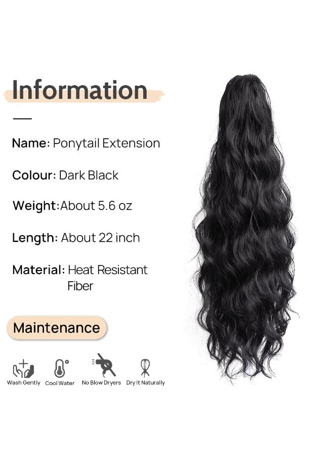 كيلا وصلة شعر ذيل حصان مموجة، وصلة ذيل حصان بمشبك، طول 22 بوصة، ذيل حصان صناعي بمظهر طبيعي، مناسبة للنساء ذوات البشرة السمراء، مثالية للحفلات والاستخدام اليومي، وزن 6 أونصات، لون أسود داكن. - Image 2